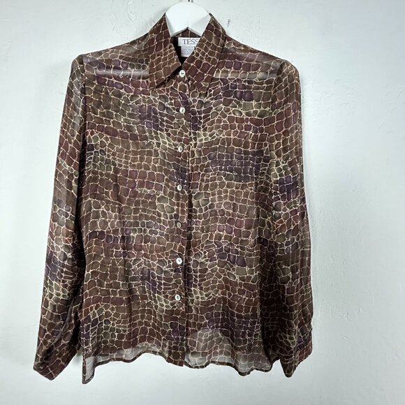 Tess Womens Sheer Snake Skin Print Button-Up Shirt Blouse Large 100% Silk Brown - Picture 1 of 7
